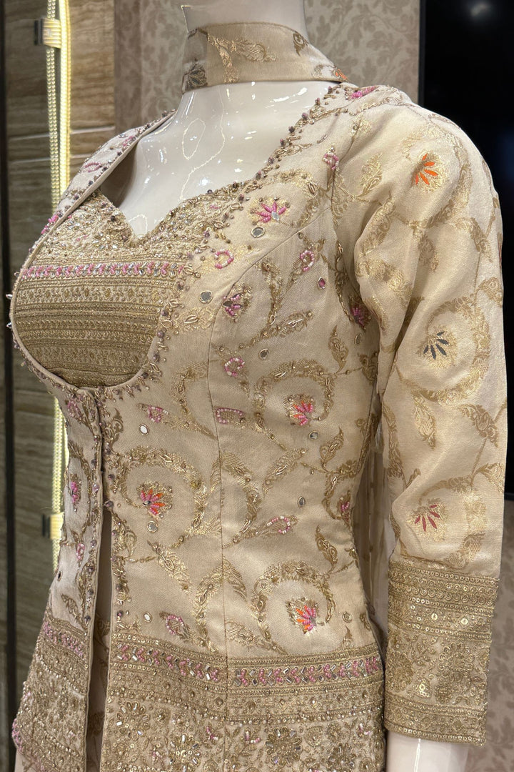 Cream Palazzo Set with Beads, Sequins and Zari work with Choker Dupatta