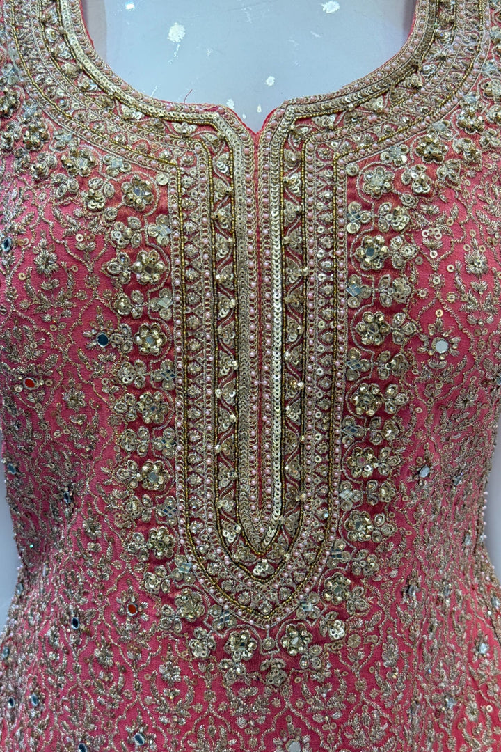 Peach with Pink Mirror, Zari, Sequins and Beads work Palazzo Salwar Suit
