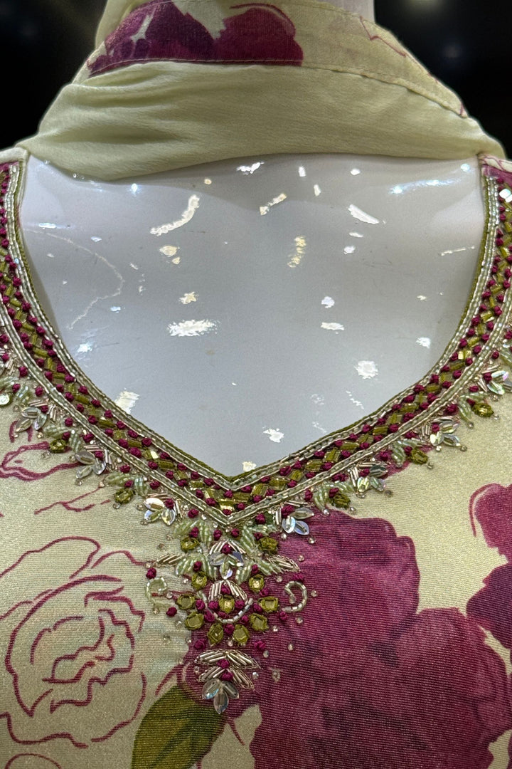 Beige with Purple Floral Print with Zardozi and Mirror work Straight Cut Salwar Suit