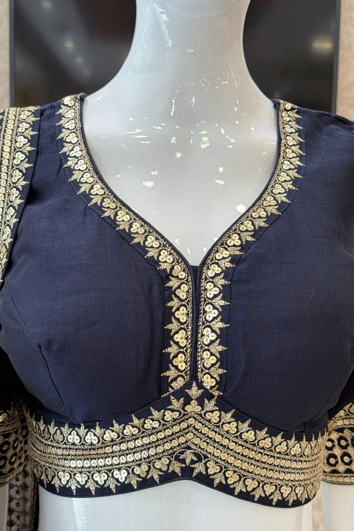 Navy Blue Sequins and Zari work Crop Top Lehenga