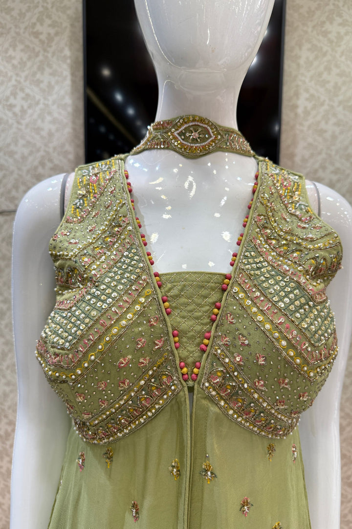 Pista Green Palazzo Salwar Suit with Beads, Sequins, Stone, Thread and Zardozi Detailing