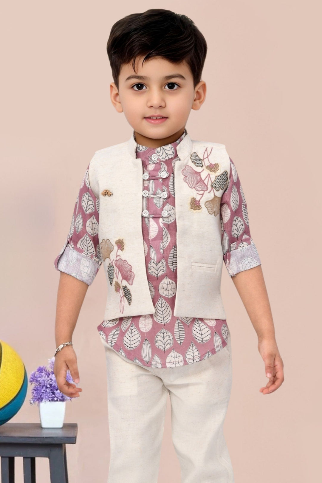 Onion Pink Printed Kurta with Half White Waistcoat for Boys