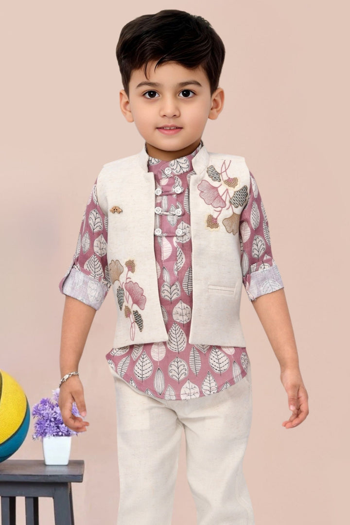 Onion Pink Printed Kurta with Half White Waistcoat for Boys