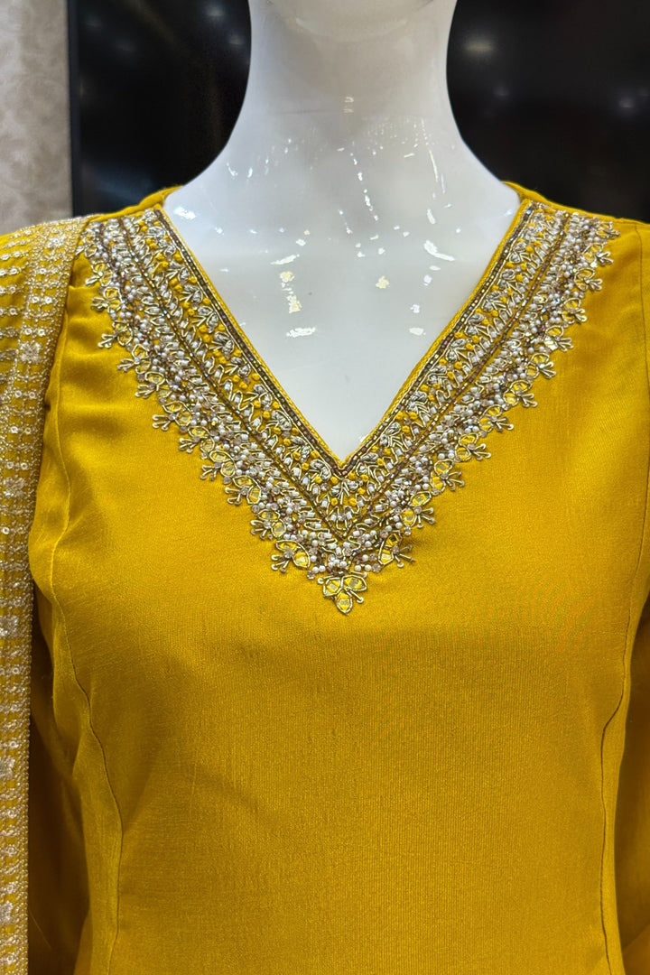 Mustard Beads, Pearl, Zardozi, Stone, Zari and Sequins work A-line Cut Salwar Suit