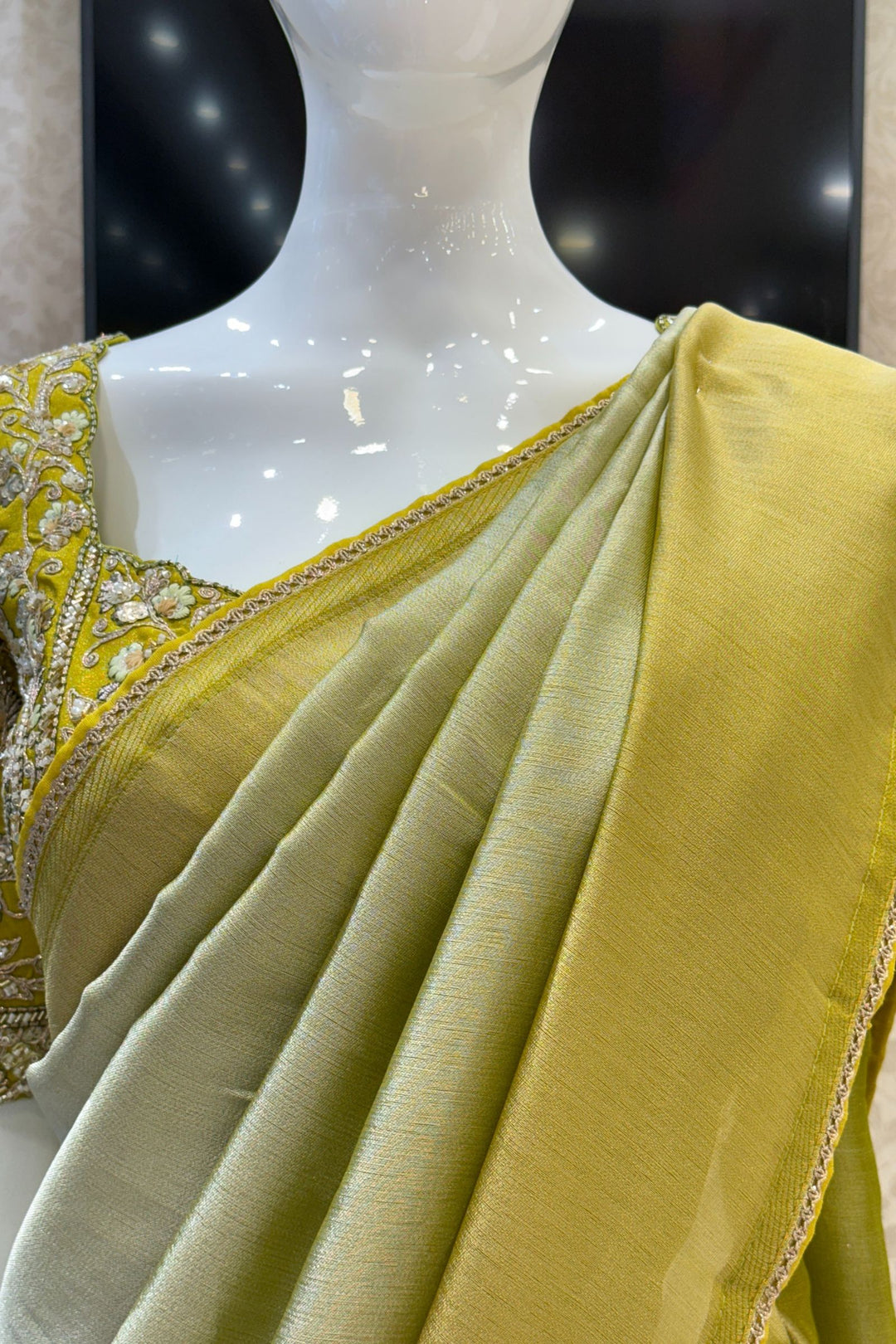 Pista Green Saree with Beads, Sequins, Zardozi and Zari work Readymade Blouse