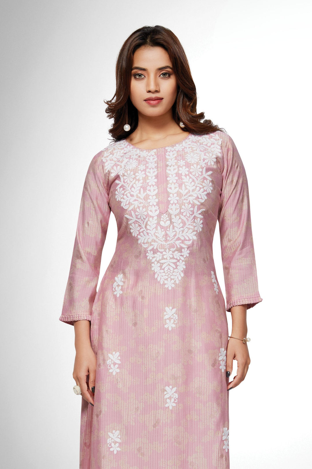 Peach Embroidery Calf Length Kurti