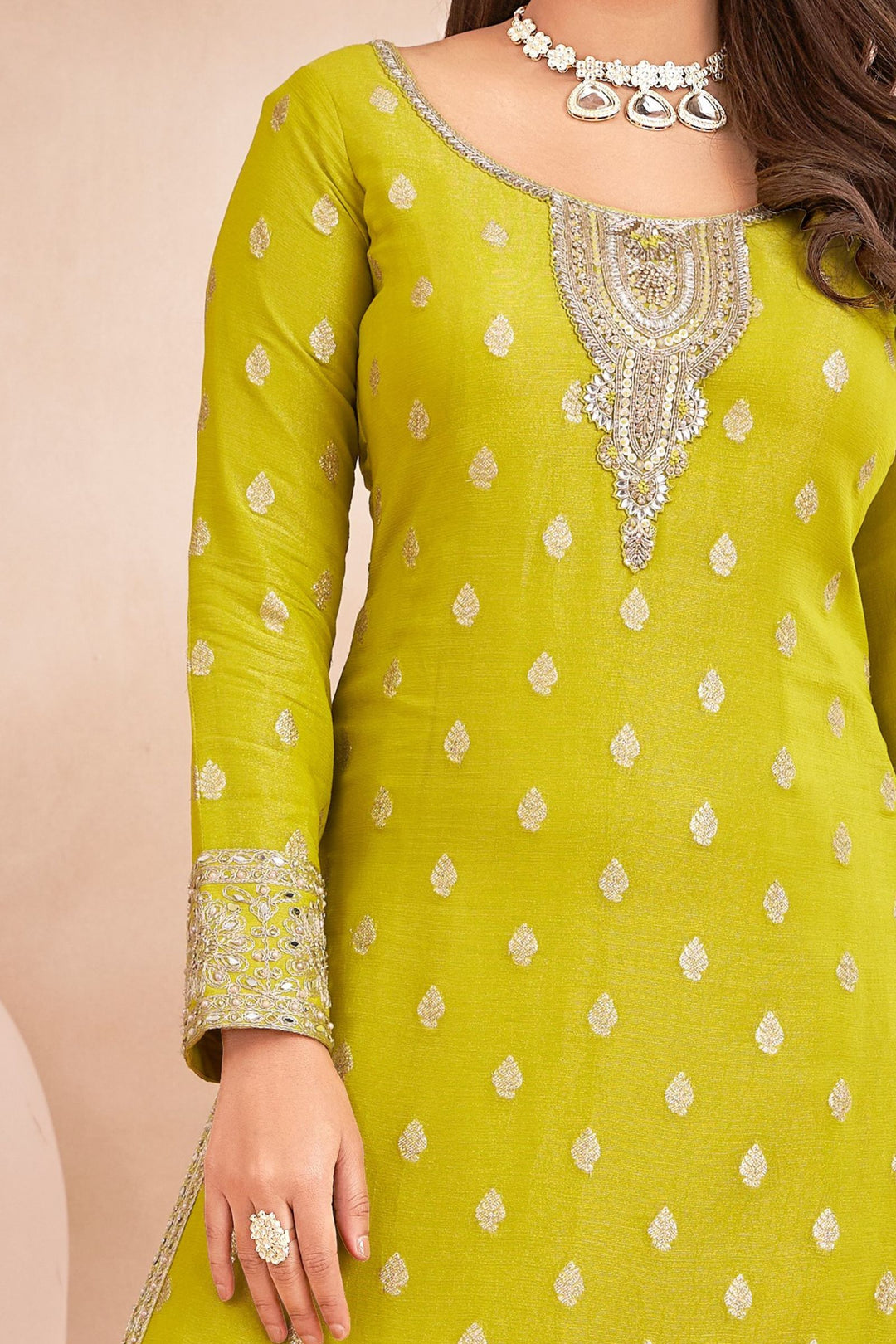 Liril Green Zari, Pearls, Stone, Zardozi and Mirror work Palazzo Salwar Suit
