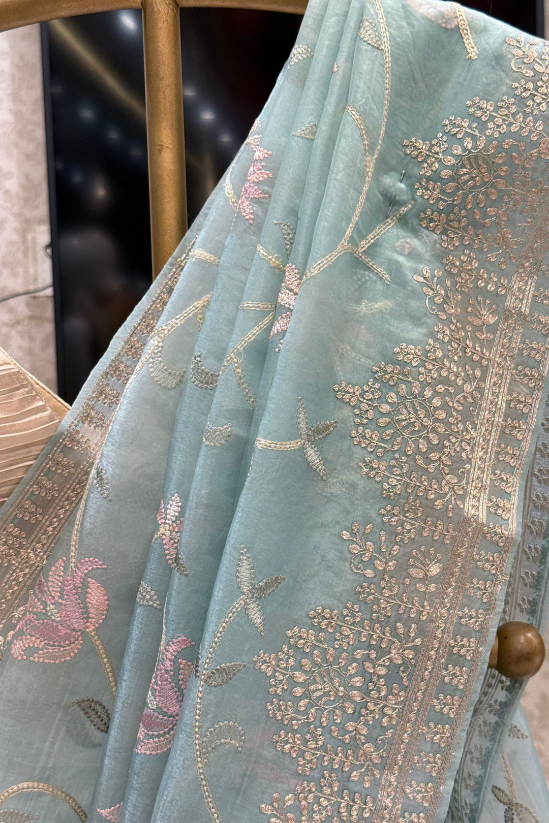 Sea Green Designer Saree with Silver Zari Border and Floral Embroidery