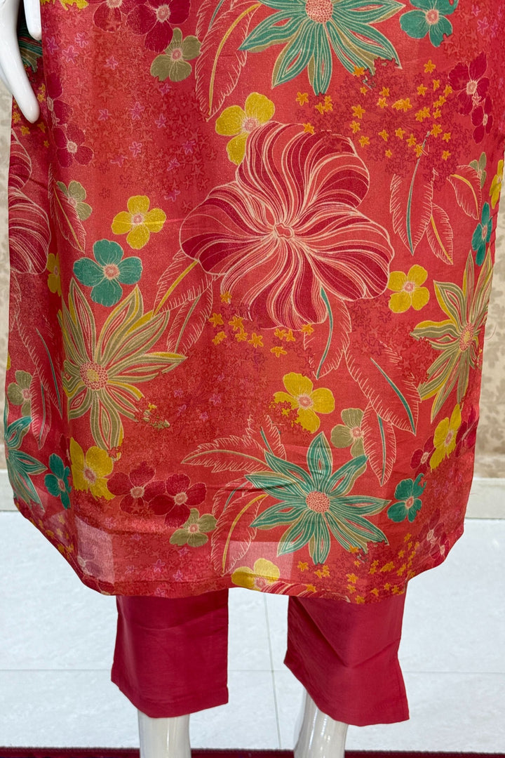 Pinkish Red Zardozi, Beads, Sequins and Stone work with Floral Print Straight Cut Salwar Suit