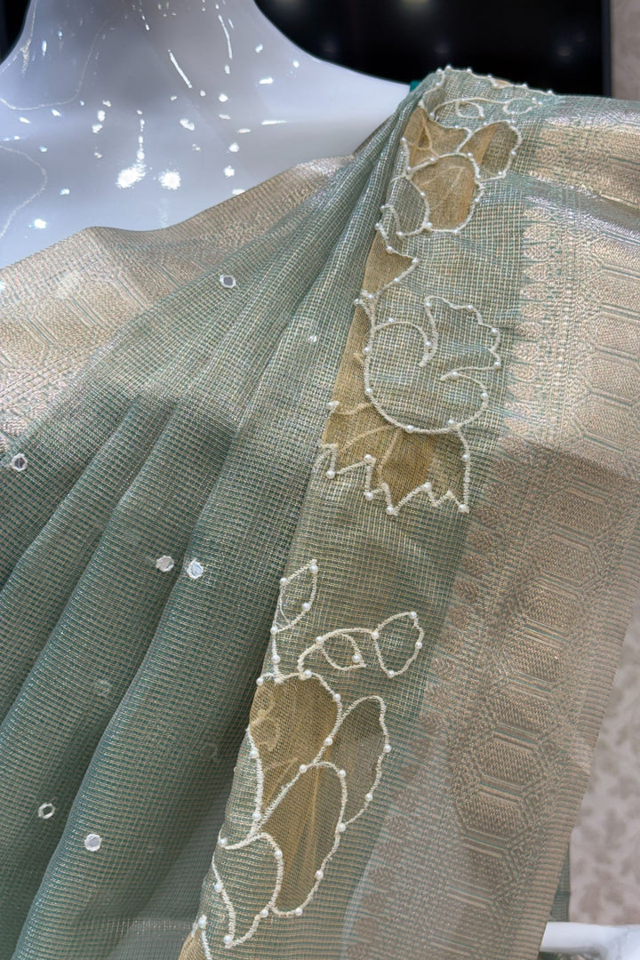 Pista Green Pearl and Thread work Saree