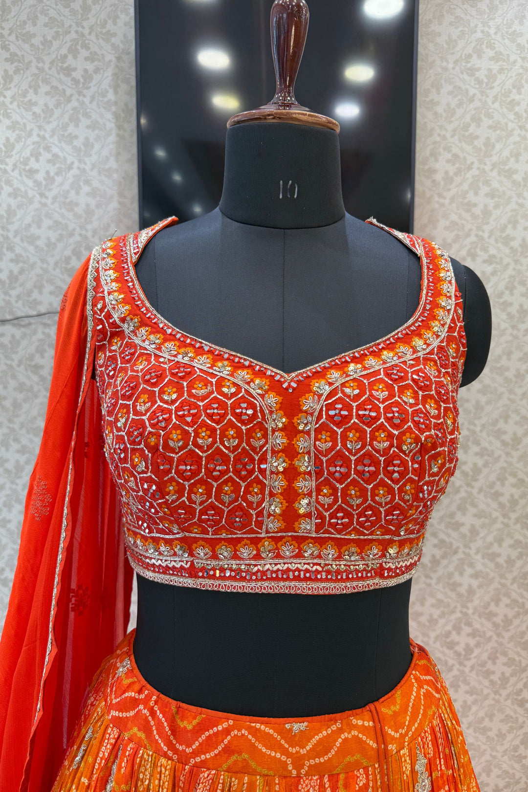 Orange Mirror, Stone, Zardozi and Sequins work with Bandini Print Crop Top Lehenga