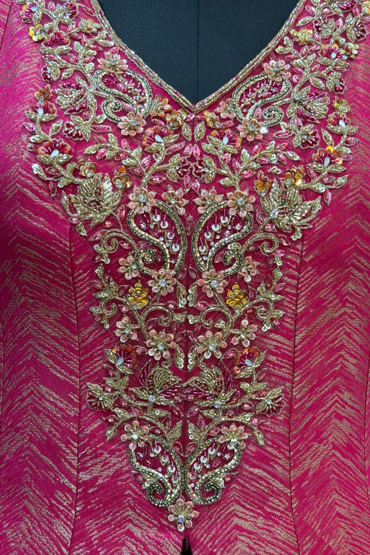 Pink with Mustard Banaras work Mastani Styled Long Top Lehenga