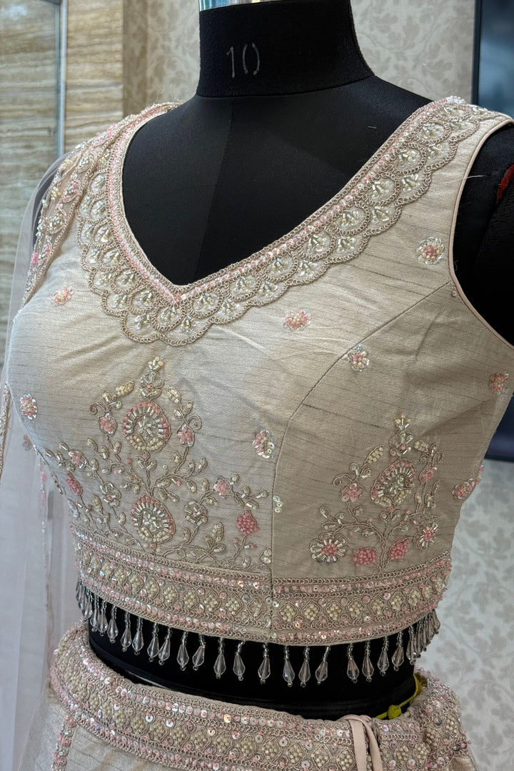 Beige Designer Bridal Lehenga Intricate Zari, Sequins and Beads work