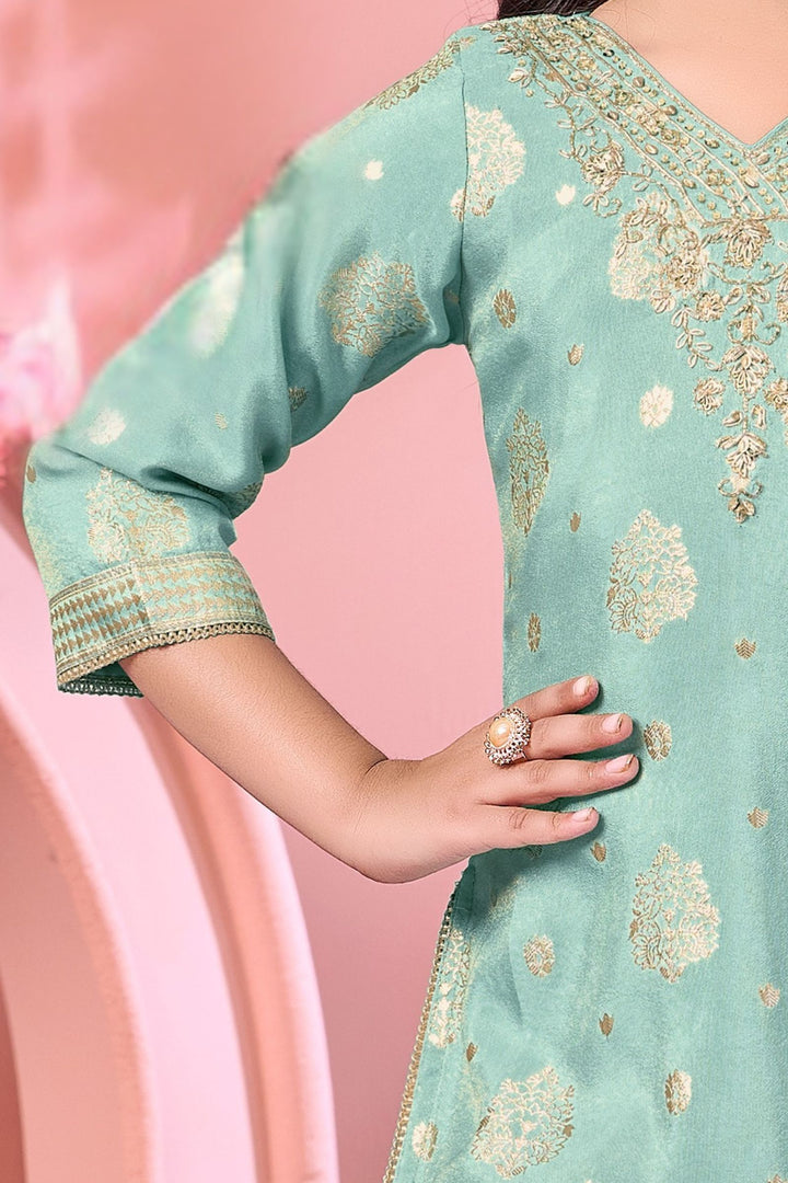 Sea Blue  Brocade, Zardozi, Beads and Sequins work Sharara Suit Set for Girls