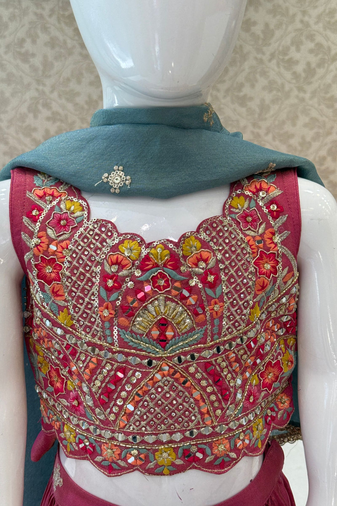 Pinkish Red Mirror, Embroidery, Beads and Sequins work Lehenga Choli for Girls