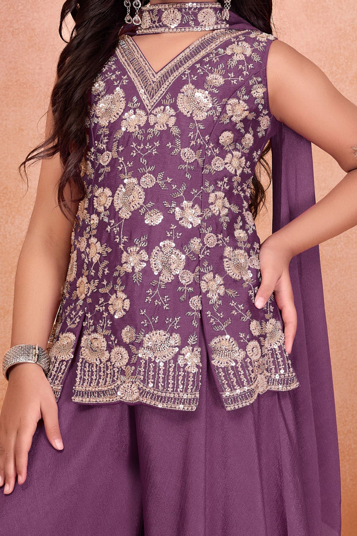 Purple Sequins, Beads and Thread work Palazzo Suit Set for Girls