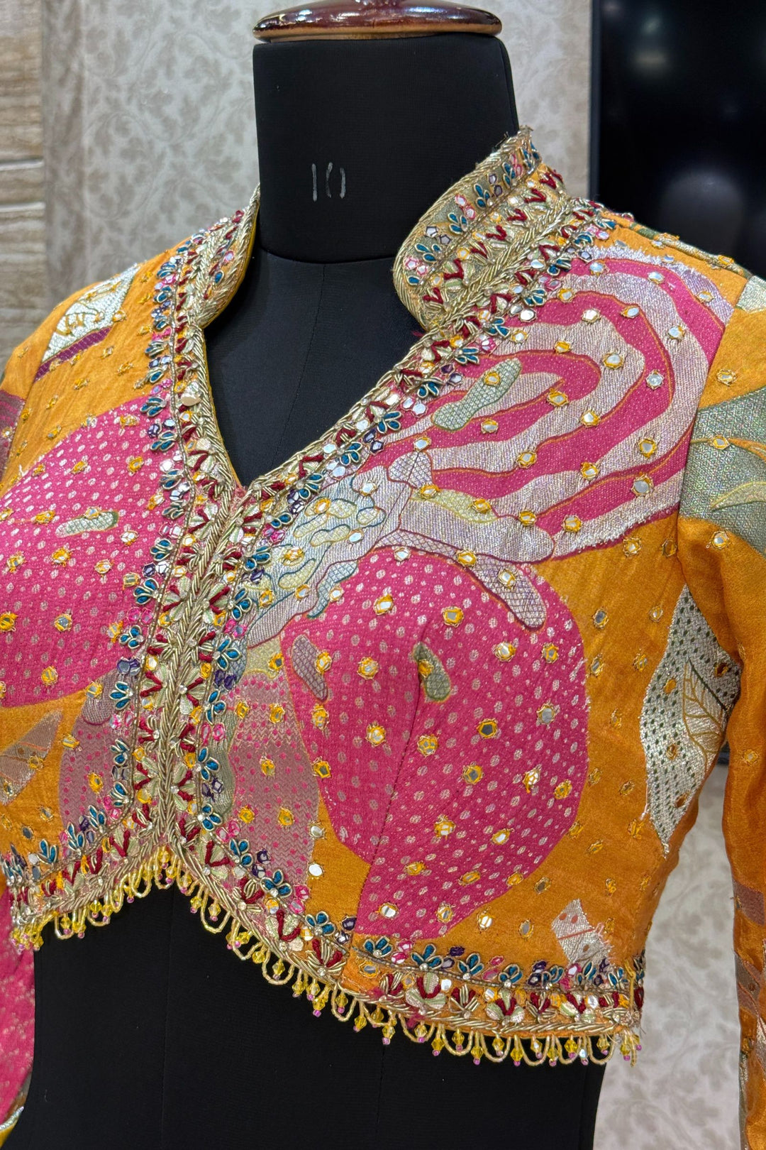 Yellow Zardozi, Beads, Sequins, Zari, Mirror and Floral work Crop Top Lehenga