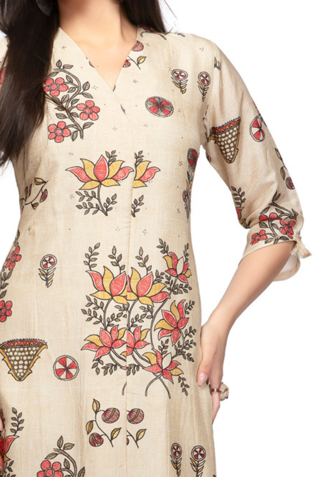 Beige Stone work with Floral Print Calf Length Kurti