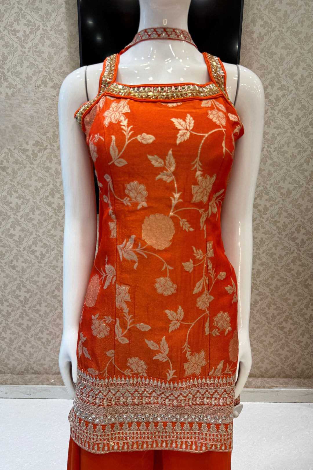 Orange Banaras Zari, Mirror, Zardozi, Sequins, Stone and Beads work Palazzo Salwar Suit