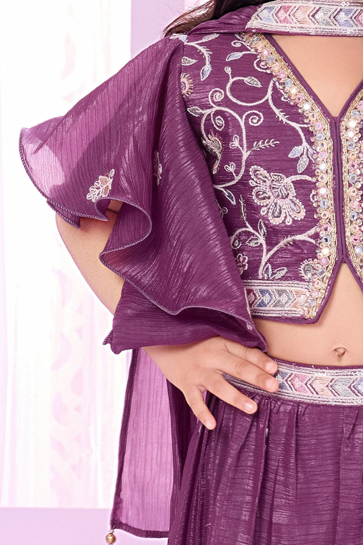 Light Purple Thread, Sequins, Mirror and Beads work Choli and Palazzo Set for Girls