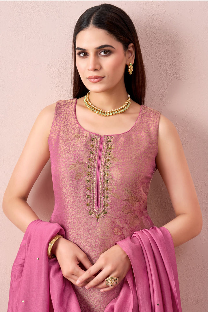 Lotus Pink Brocade, Zardozi, Stone and Zari work with Floral Print Straight Cut Salwar Suit