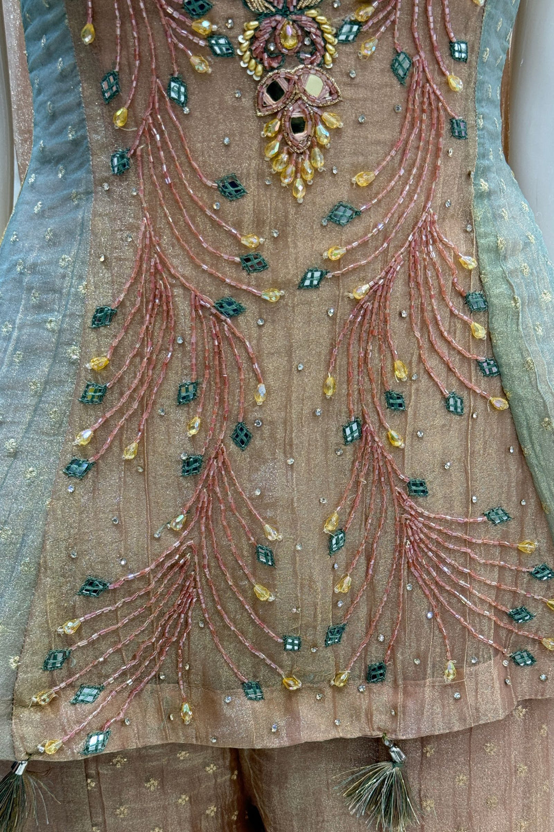 Multicolor Palazzo Set with Zari, Beads, Mirror, Stone and Zardozi work Peplum Top