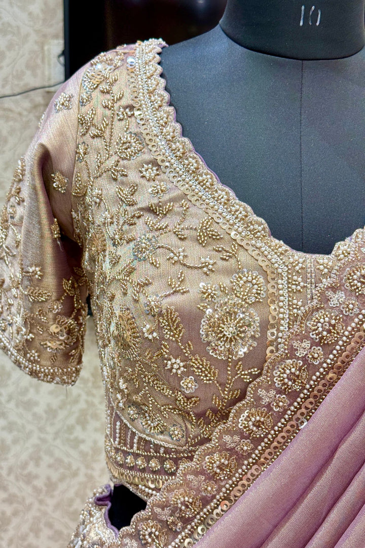 Cream with Lavender Sequins, Pearl, Beads and Zardozi work Crop Top Designer Bridal Lehenga
