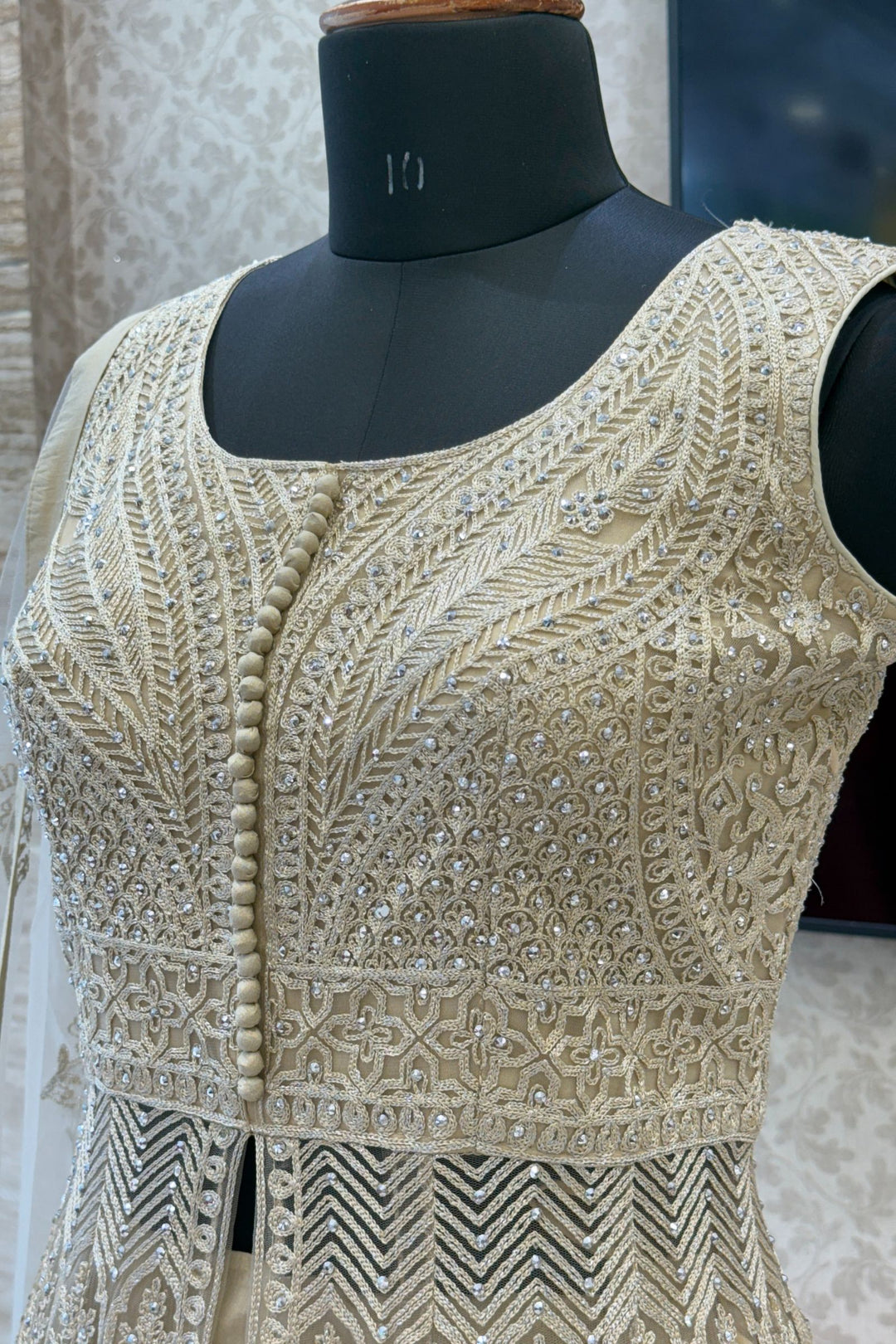 Chiku Stone and Zari Thread work Long Top Lehenga