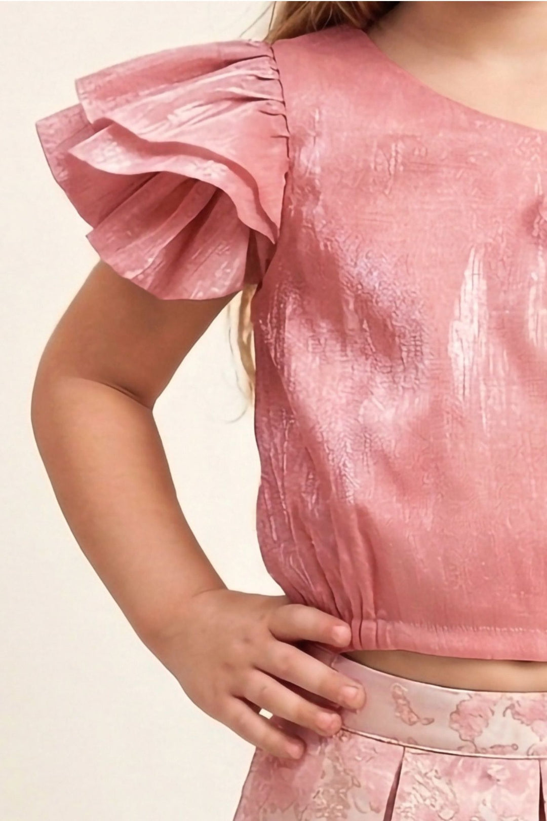Peach Top and Cream Zari work with Digital Print Skirt for Girls