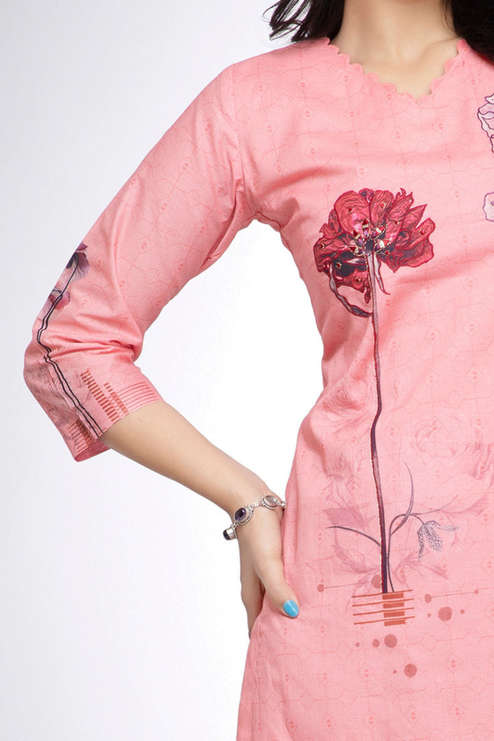 Peach Thread work with Printed Calf Length Kurti