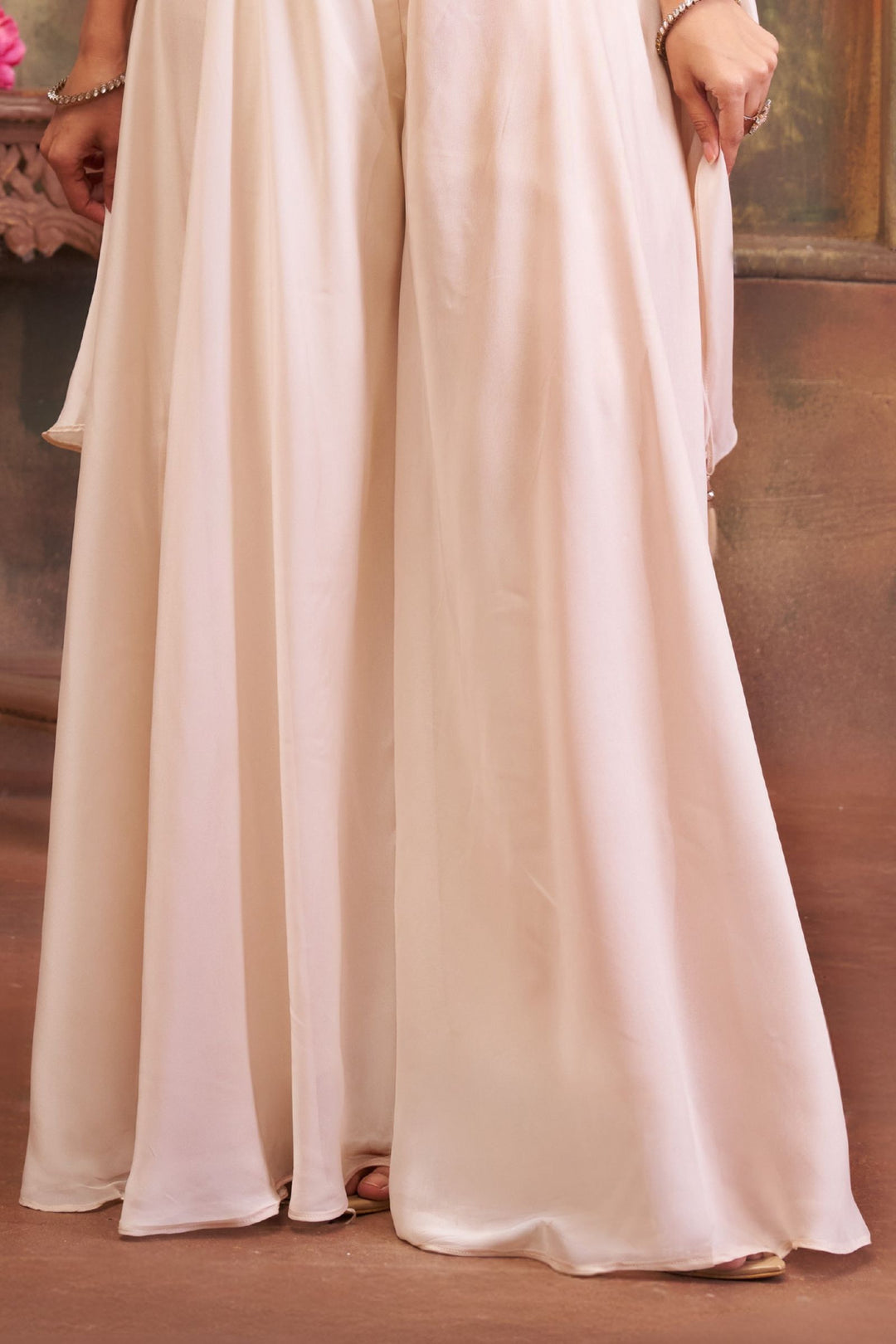 Beige Stone, Beads and Banaras work Palazzo Suit Set