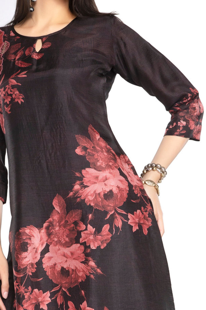 Black Stone, Mirror and Zari work with Floral Print A-line Cut Calf Length Kurti