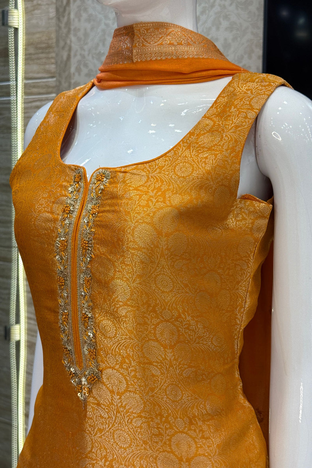 Orange Brocade, Zardozi, Sequins, Stone and Thread work Straight Cut Salwar Suit