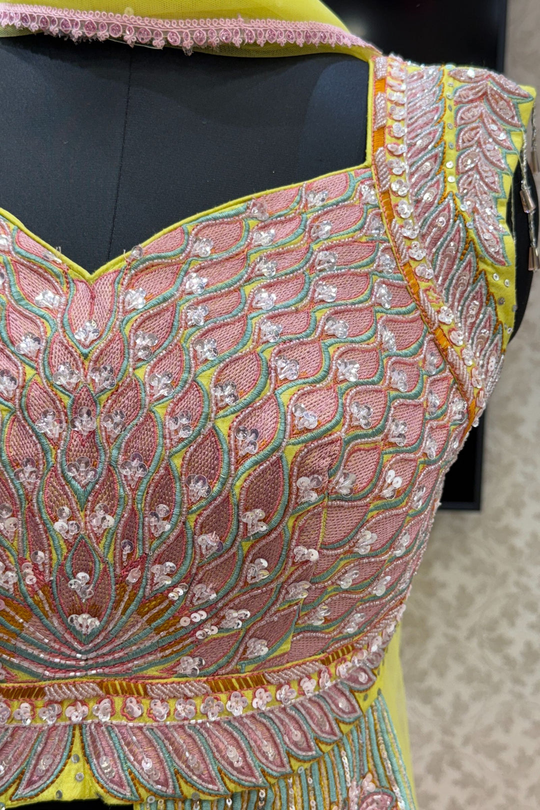 Lemon Yellow Multicolor Embroidery, Sequins and Beads work Crop Top Lehenga