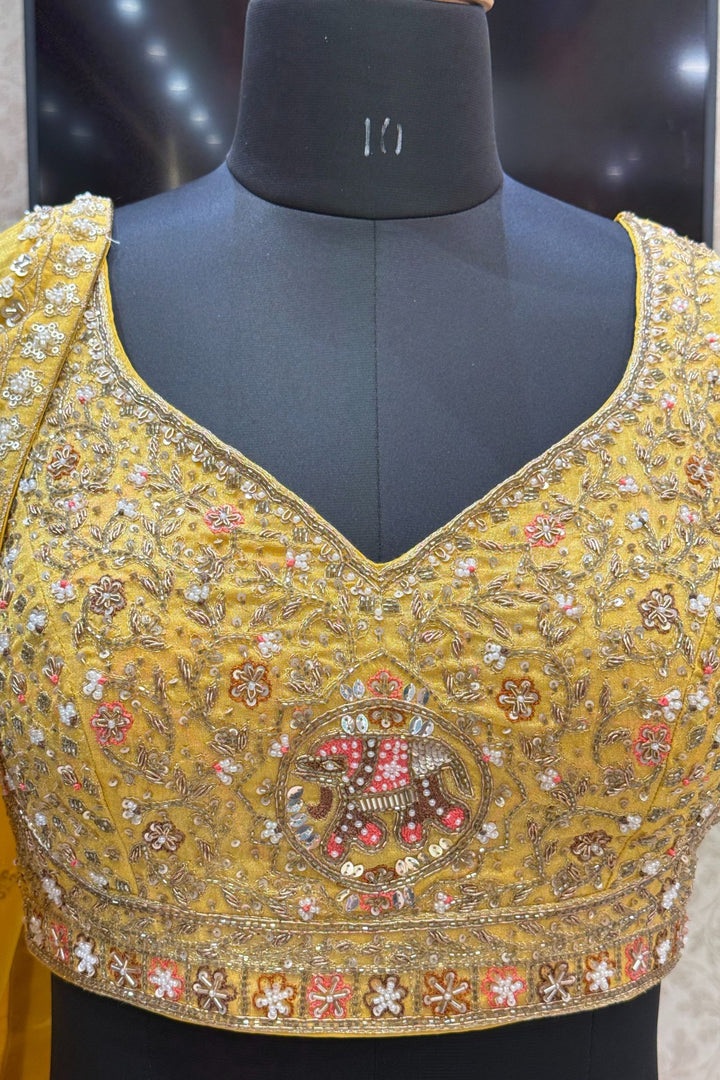 Yellow Zardozi, Beads, Thread, Sequins and Zari work Crop Top Lehenga