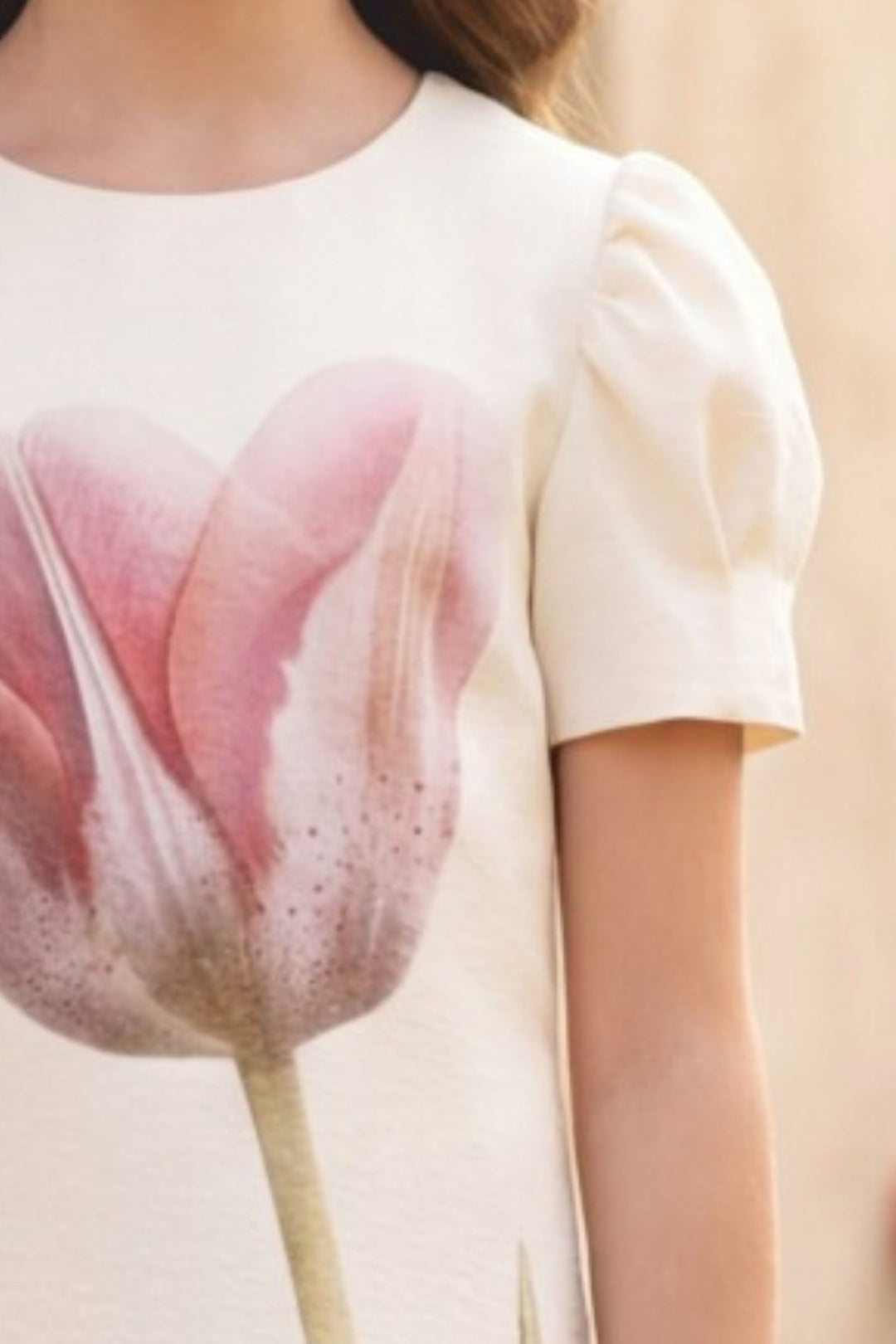 Cream Stone work with Floral Print Short Frock for Girls