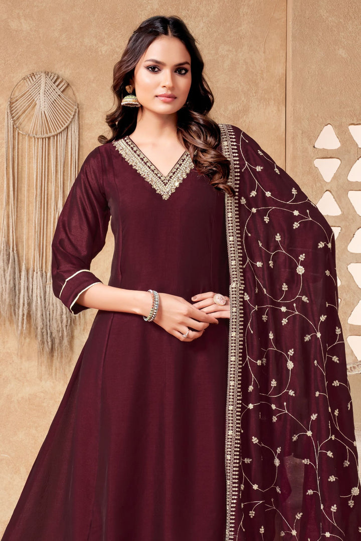 Maroon Beads, Pearl, Zardozi, Stone, Zari and Sequins work Aline Cut Salwar Suit