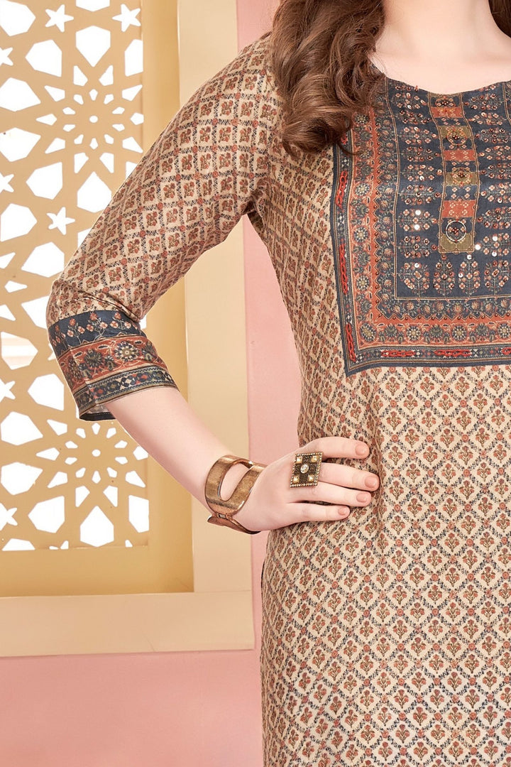 Beige Beads work with Multicolor Digital Print Calf Length Kurti