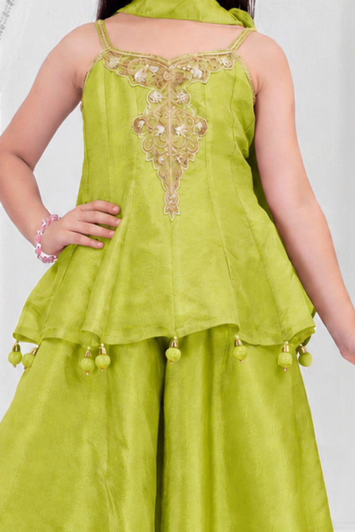 Girls Lemon Green Zardozi, Beads and Zari work Peplum Palazzo Set