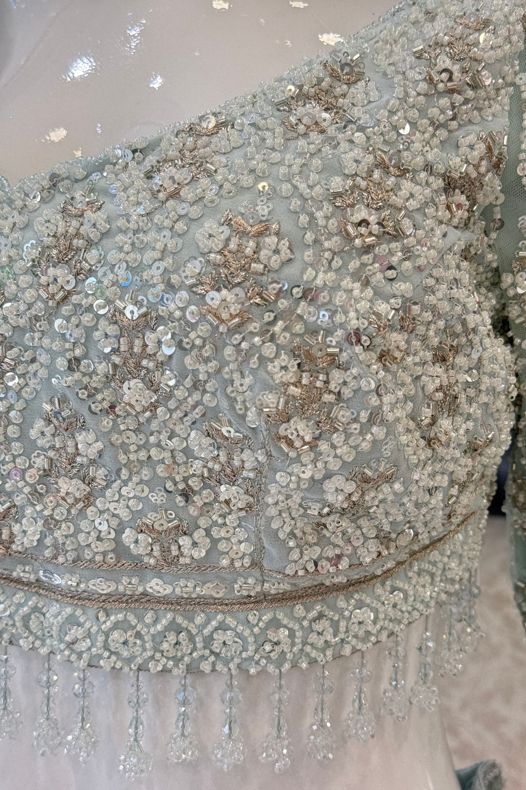 Aqua Blue Beads, Sequins and Zari work Crop Top Designer Bridal Lehenga