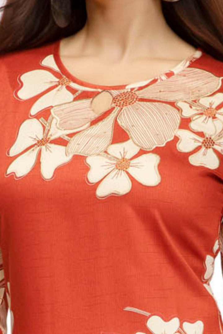 Rust Floral Print Straight Kurta Set