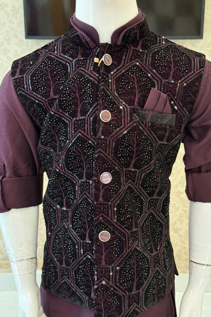 Wine Sequins, Beads and Thread work Waist Coat Kurta Set for Boys