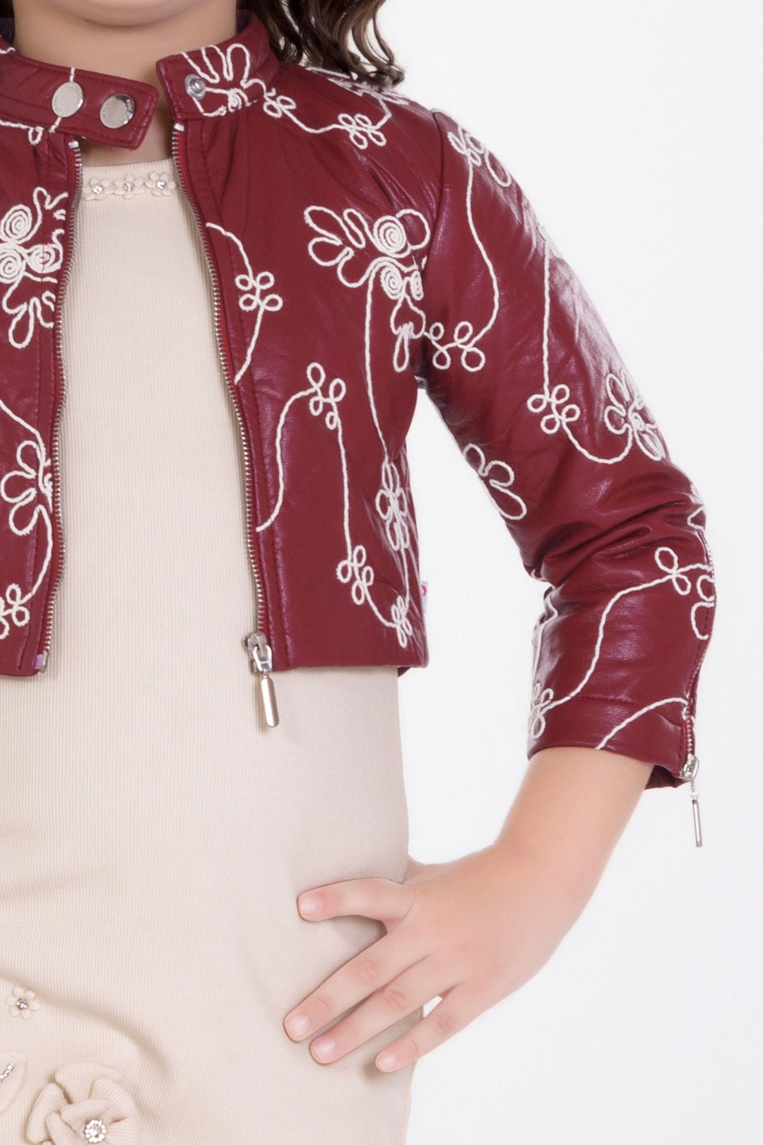 Maroon with Cream Thread work Jacket Styled Short Frock For Girls