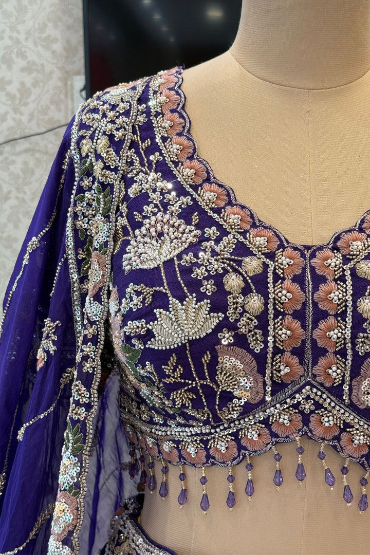 Purple Bridal Lehenga Set with Intricate Zari, Sequins, Beads and Floral Embroidery