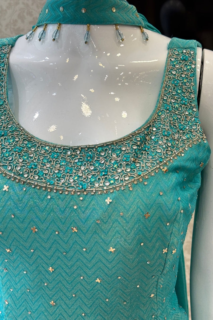 Rama Green Zardozi, Stone and Beads work Palazzo Suit Set