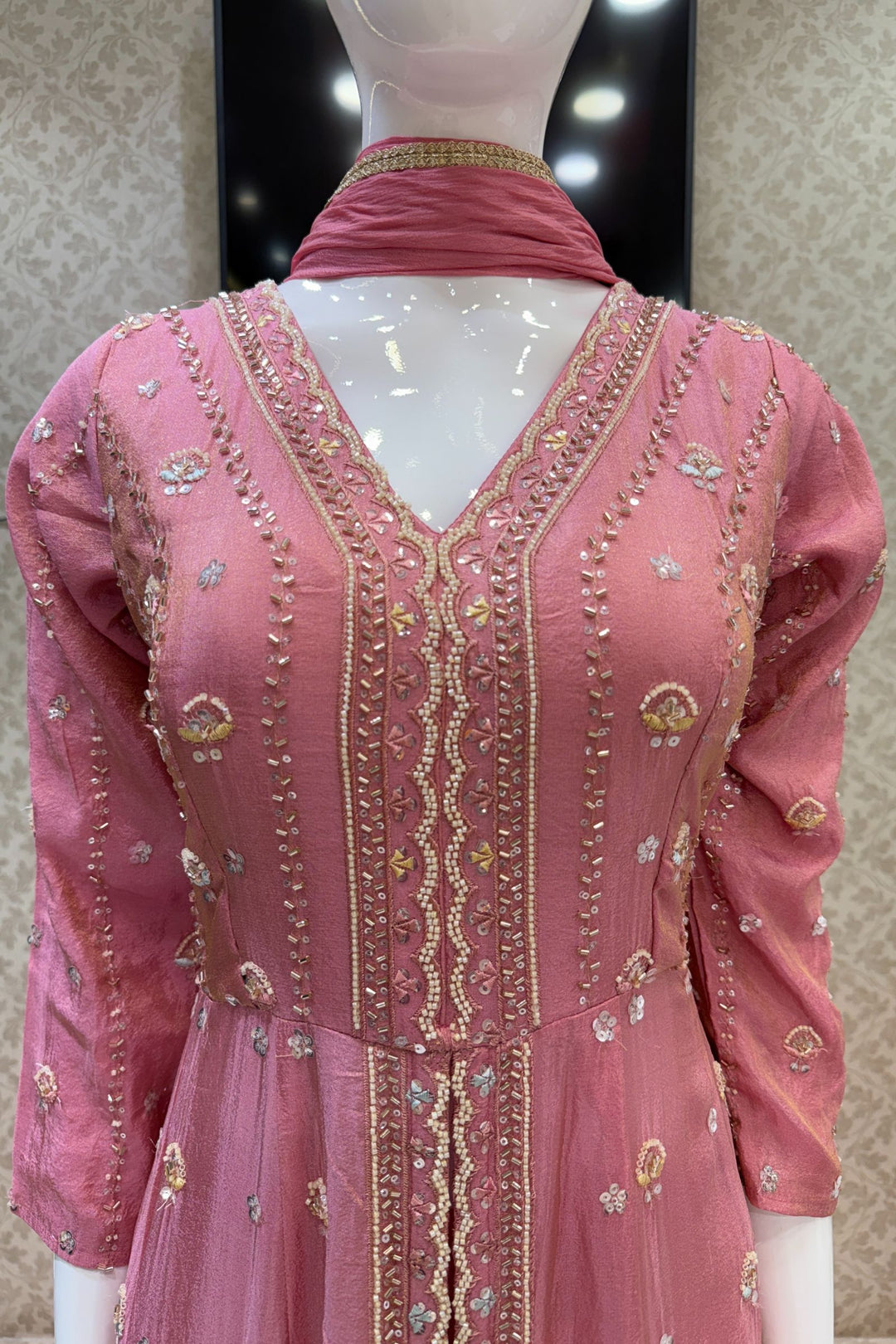 Rose Pink Beads, Sequins and Thread work Long Top with Straight Pant