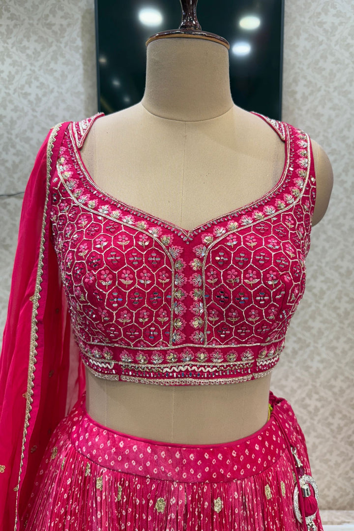 Rani Pink Mirror, Stone, Zardozi and Sequins work with Bandini Print Crop Top Lehenga