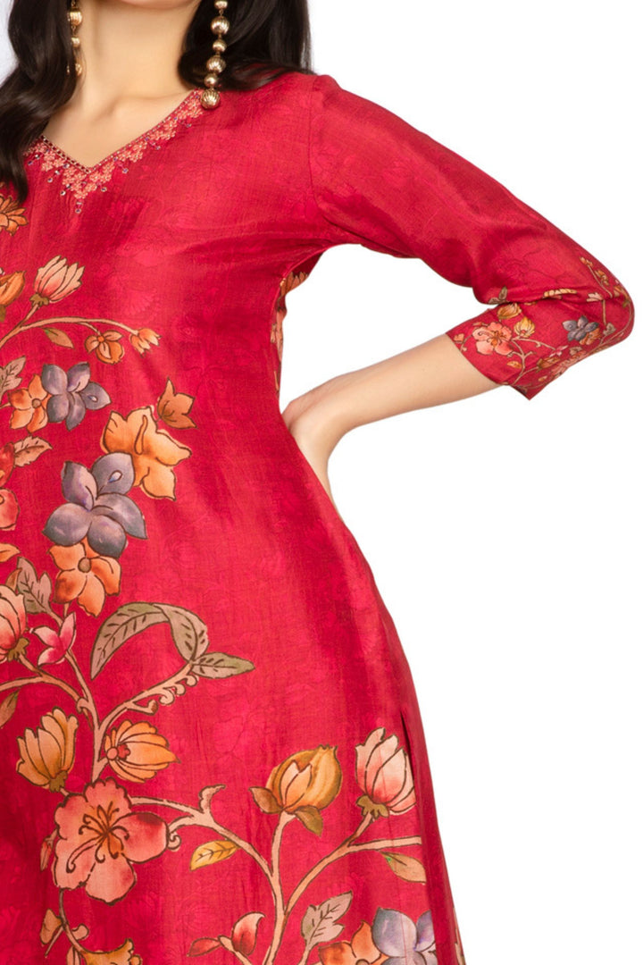 Tomato Red Mirror, Zari and Thread work with Floral Print Calf Length Kurti