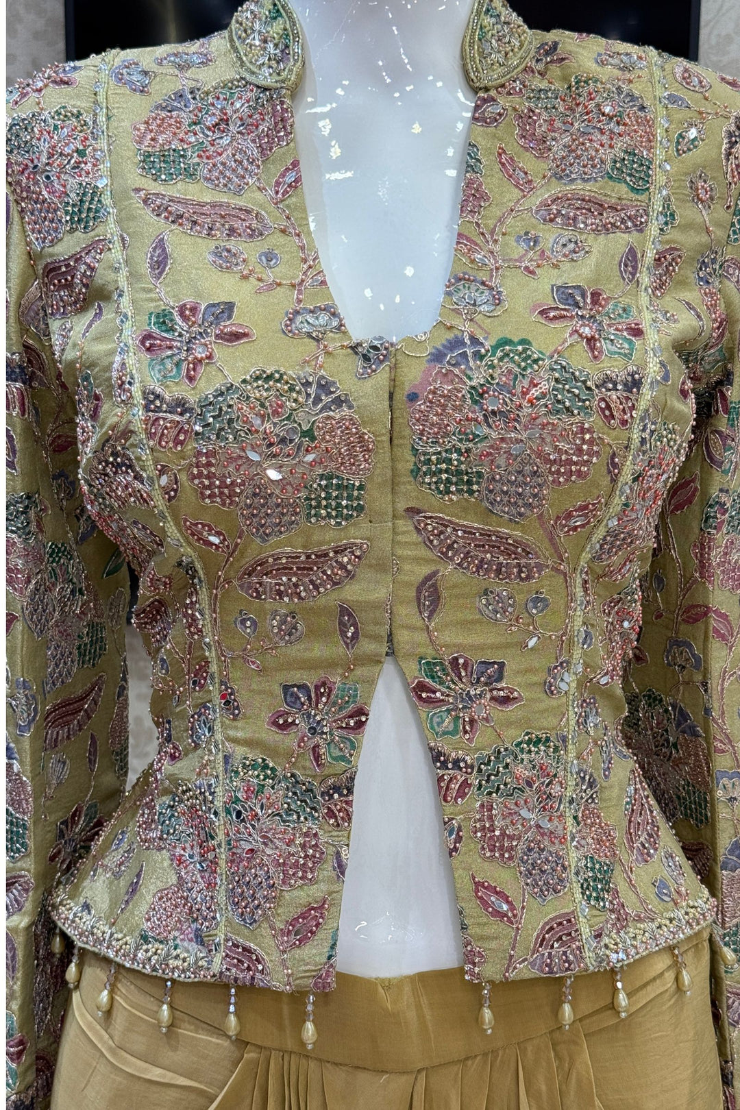 Green Beads, Zari and Sequins work with Floral Print Crop Top and Cowl Skirt