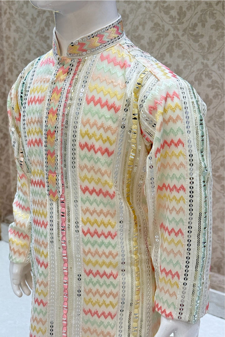 Cream Multicolor Thread and Sequins work Kurta Set for Boys